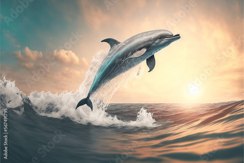  a dolphin jumping out of the water in front of a sunset sky with clouds in the sky and a wave in the water with a dolphin jumping out of the water.  generative ai
