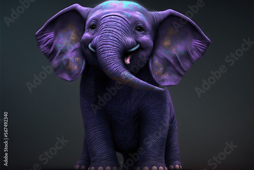  a purple elephant with a blue trunk and tusks is standing in front of a black background and has its trunk up to the side of the camera.  generative ai