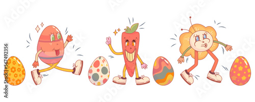 Retro cartoon easter character eggs, flower and carrot. Easter character in trendy retro style. Eggs with wave and star. Cartoon vector illustration