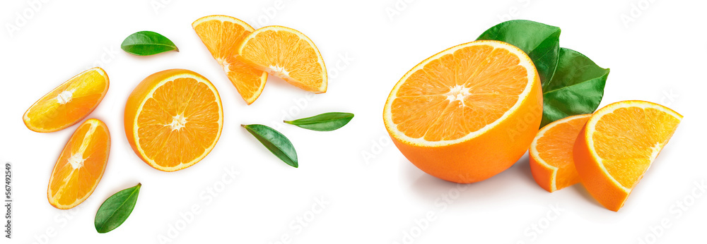 orange with leaves isolated on white background. Top view. Flat lay