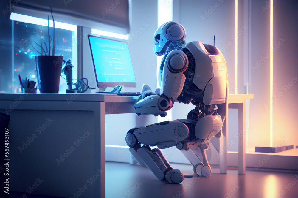 Roboter mit künstlicher Intelligenz sitzt im Büro vor einem Computer - Generative Ai