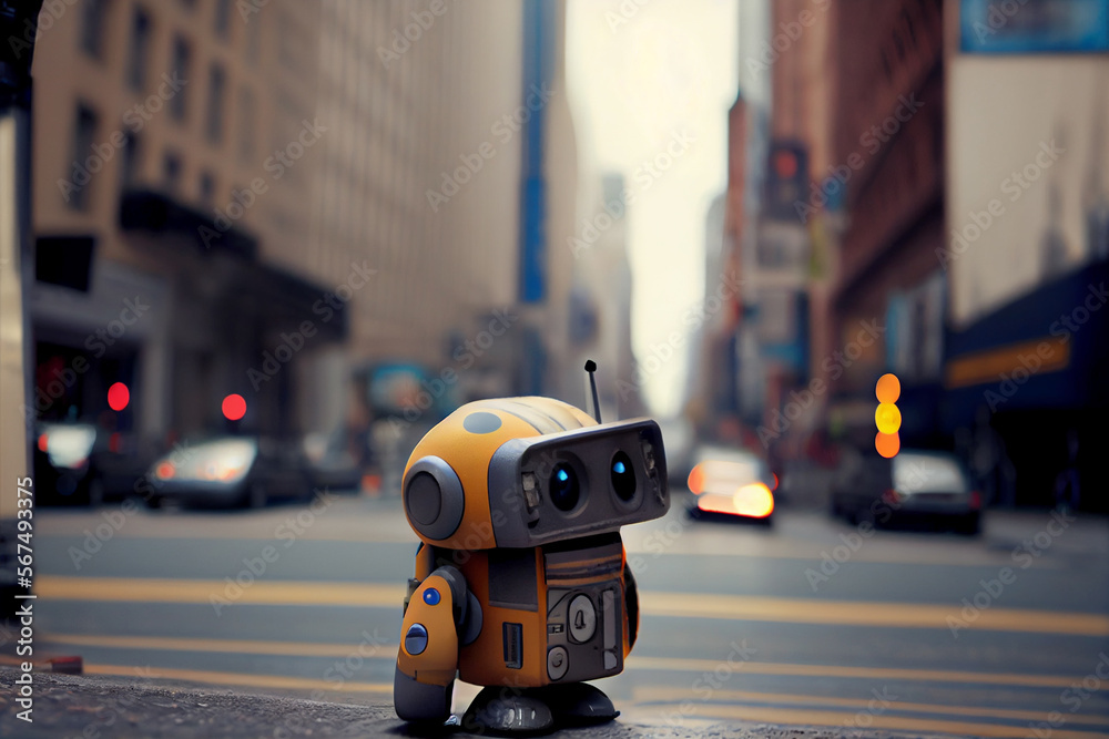 Fototapeta premium Mini Roboter läuft durch eine Großstadt - Generative Ai 