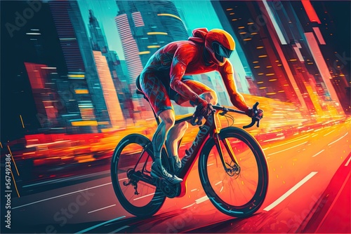  a man riding a bike down a street next to tall buildings in the city with neon lights on the street and buildings in the background. generative ai