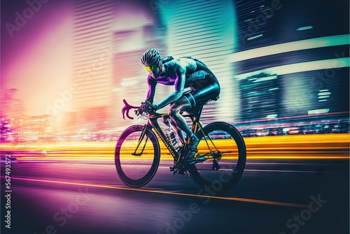  a man riding a bike down a street next to tall buildings in the city at night with bright lights on the street and buildings in the background. generative ai