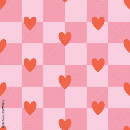 Happy Valentine’s Day retro seamless pattern with groovy hearts. Cute hearts on checkerboard background. Vintage lovely vector for invitation, wrapping paper, packaging etc.
