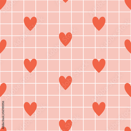 Happy Valentine’s Day retro seamless pattern with groovy hearts. Cute hearts on checkerboard background. Vintage lovely vector for invitation, wrapping paper, packaging etc.