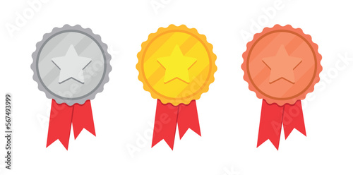 Gold silver bronze medal reward set with star and striped ribbon for video game or apps animation. First second third place bonus achievement award. Winner trophy flat vector illustration 10 eps.
