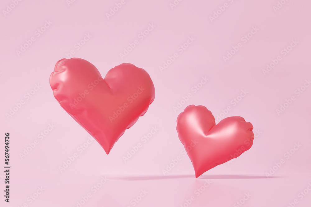 3D rendering two red heart balloon floating on pink pastel background. Happy Valentine's Day main message around love concept. 3d icon illustration