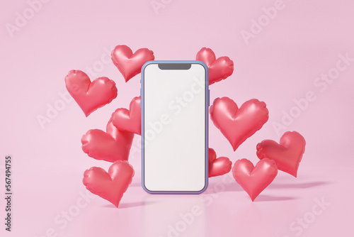 Smartphone white screen blank with red heart balloon floating Happy Valentine's Day main message around love concept. communication via mobile phone social media online. 3d rendering illustration photo