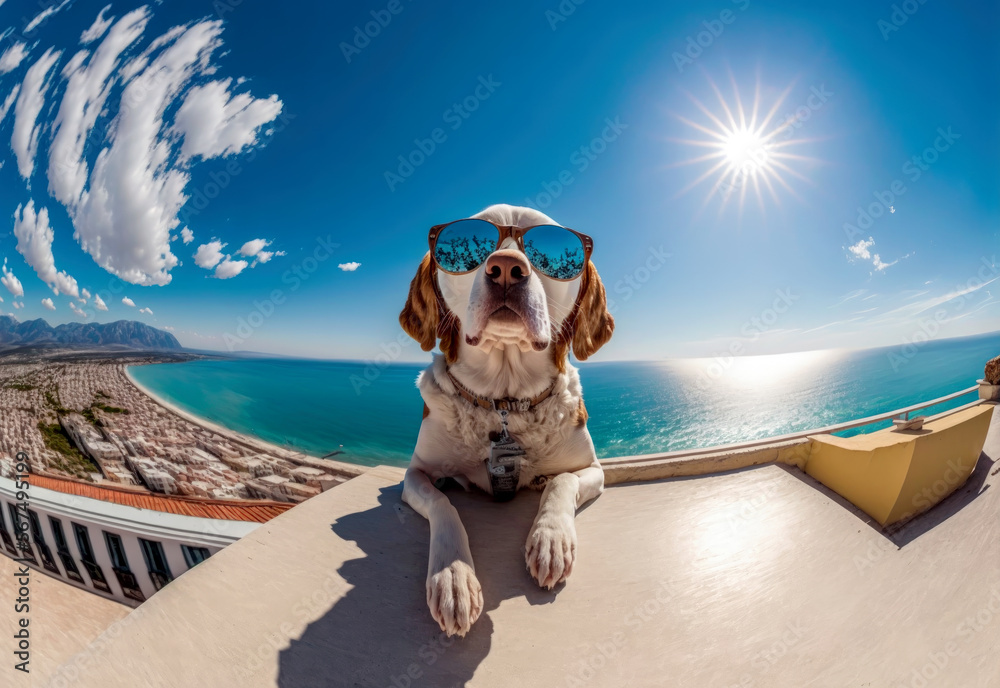 Panoramic summer sunny day near the sea, a dog in sunglasses lies on the beach. Travel, holiday, vacation concept. Generative ai