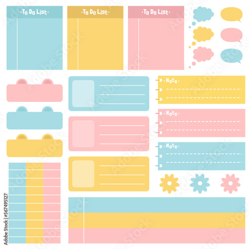Cute blank paper notes. Stationery organizer set. Scrapbook notes and memo schedule.Printable planner stickers. To Do List sticky note pad. Digital planning element. Vector illustration.
