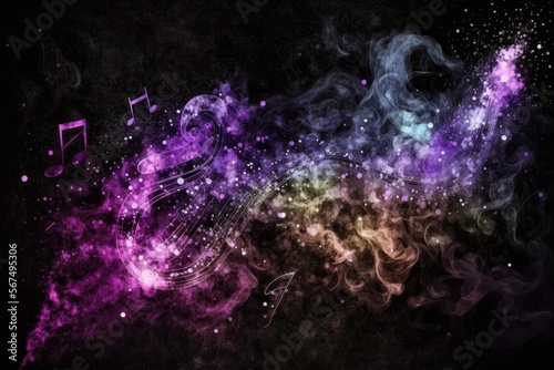 Music in smoke, colorful with shiny glitter particles abstract background, ai