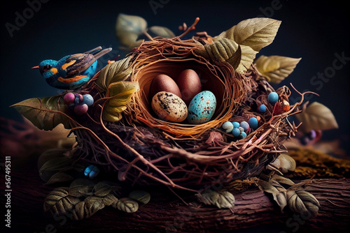 Colorful easter nest with easter eggs. Created with Generative AI technology