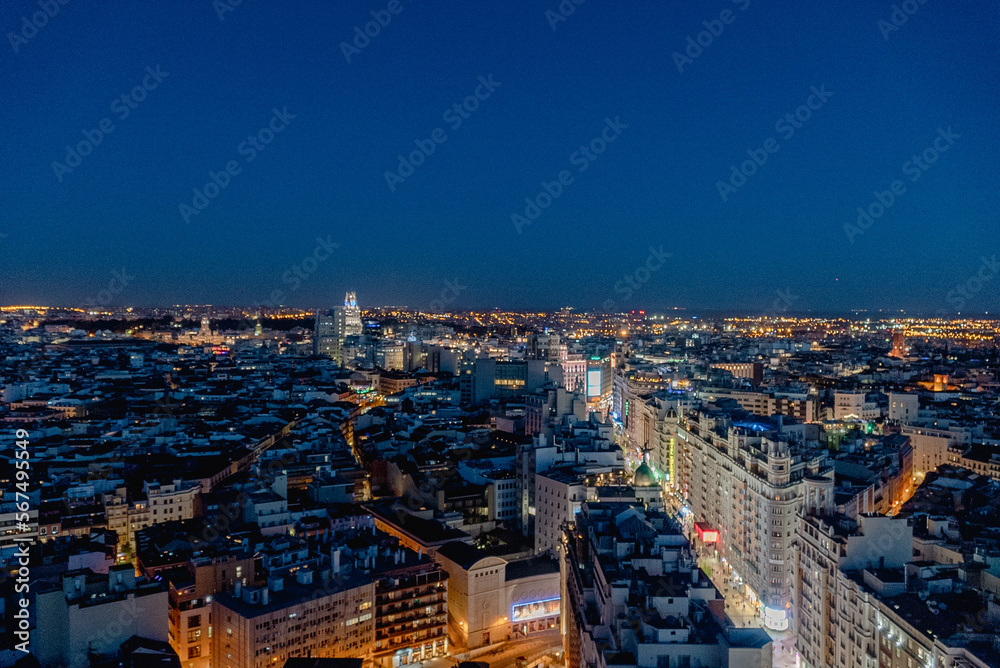 Madrid, Spain. April 6, 2022: Panoramic landscape at night from the Riu Plaza hotel.