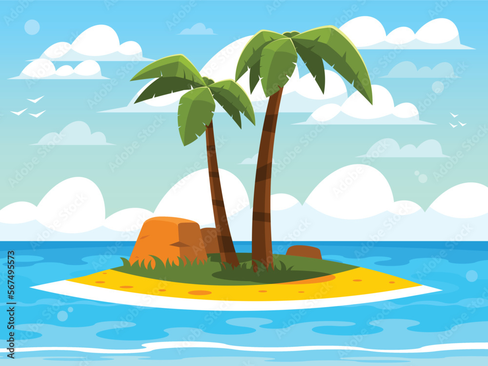 Lost island in ocean. Cartoon sea landscape witn tropical island with palms, rocks and sand beach. Vector graphics