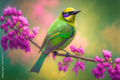  a colorful bird perched on a branch of a tree with purple flowers in the background and a green sky in the foreground with a pink and green background.  generative ai © Shanti