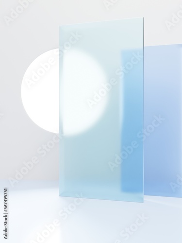 3D Rendering Minimal Studio Shot Pastel Color Transparent Acrylic Board and Round Window with Sunlight Product Display Background for Fashion, Cosmetics and Trendy Products..