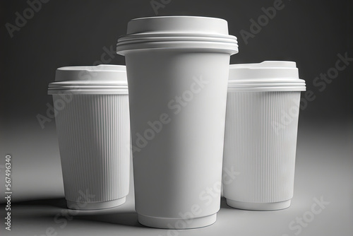  three white coffee cups sitting next to each other on a gray background with a shadow of the cup on the left side of the cup. generative ai