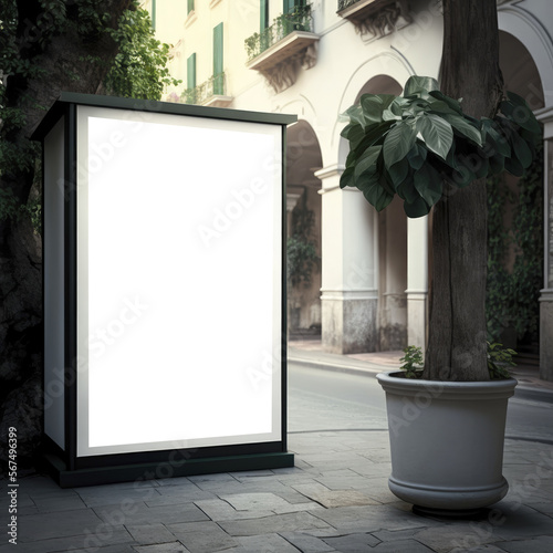 Mockup all'aperto di un poster informativo vuoto su pavimentazione in pietra, un modello di banner stradale verticale su un viale cittadino, con piante