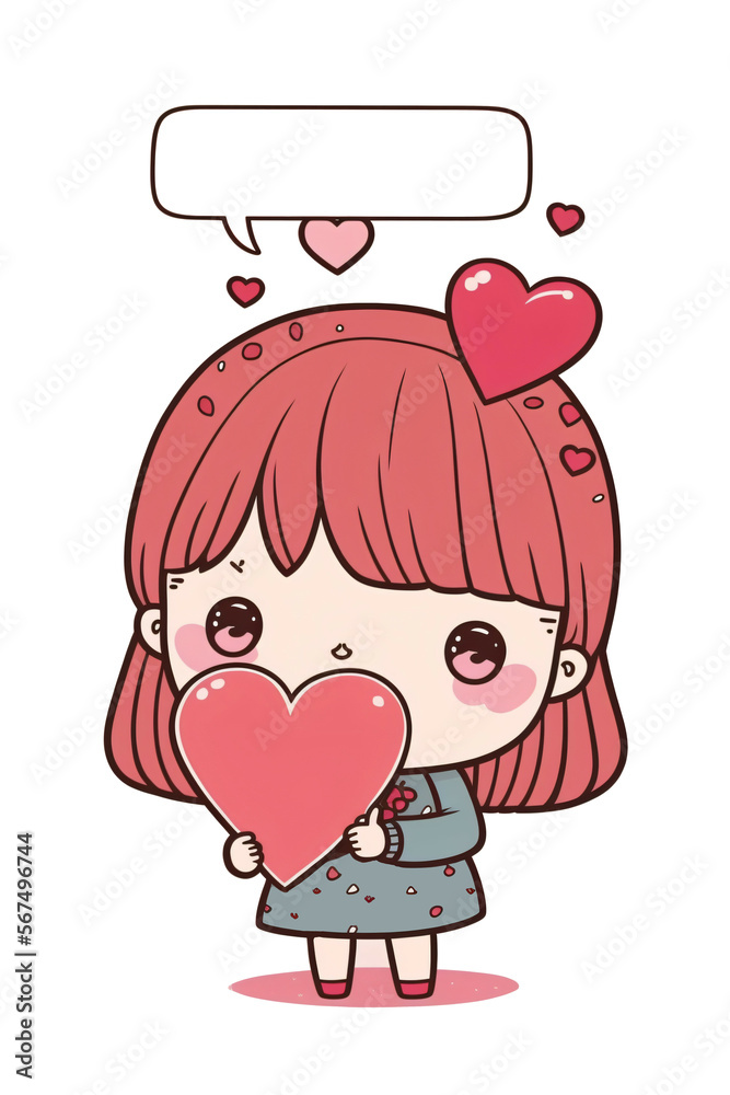 Pour la Saint Valentin, une petite fille montre un cœur, bulle pour votre texte, IA générative Pour la Saint Valentin, une petite fille montre un cœur, bulle pour votre texte, IA générative