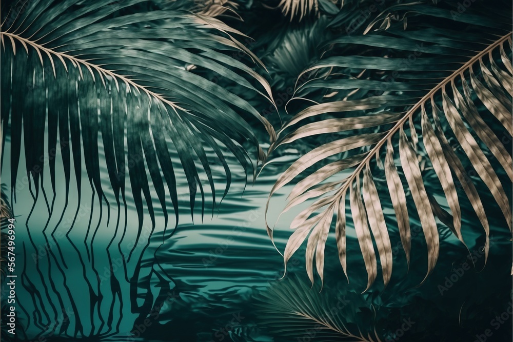 a palm leaf wallpaper with a blue background and a green background ...