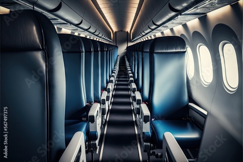 Fotografija a long row of blue green seats and passage between them in aircraft interior
