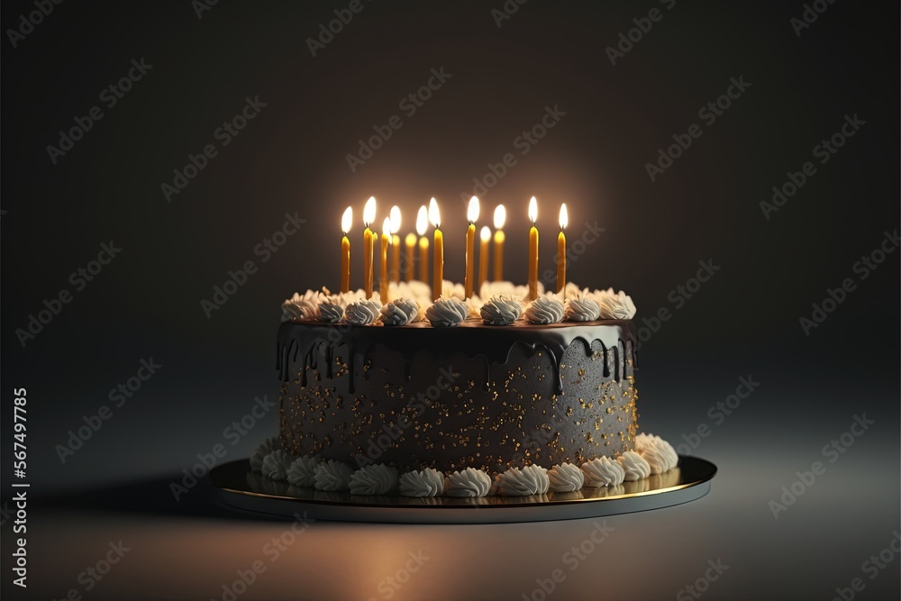 a birthday cake with lit candles on a black table with a black ...