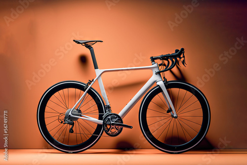  a white bike with black spokes on a orange background with a shadow of a bike on the ground and a light orange wall behind it. generative ai