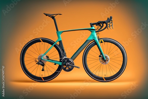  a blue bike with a black seat and a yellow background with a green frame and black spokes on the front of the bike, and a black seat and a white and orange background with a. generative ai