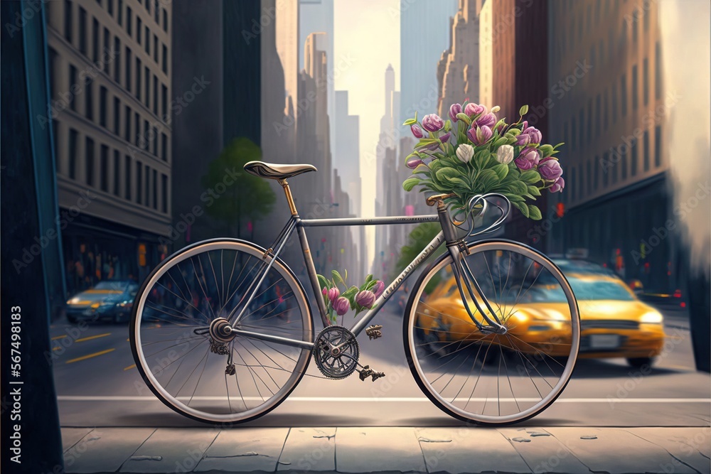 a painting of a bicycle with flowers on the front of it on a city street with a taxi cab in the background and a yellow cab in the foreground. generative ai a painting of a bicycle with flowers on the front of it on a city street with a taxi cab in the background and a yellow cab in the foreground. generative ai