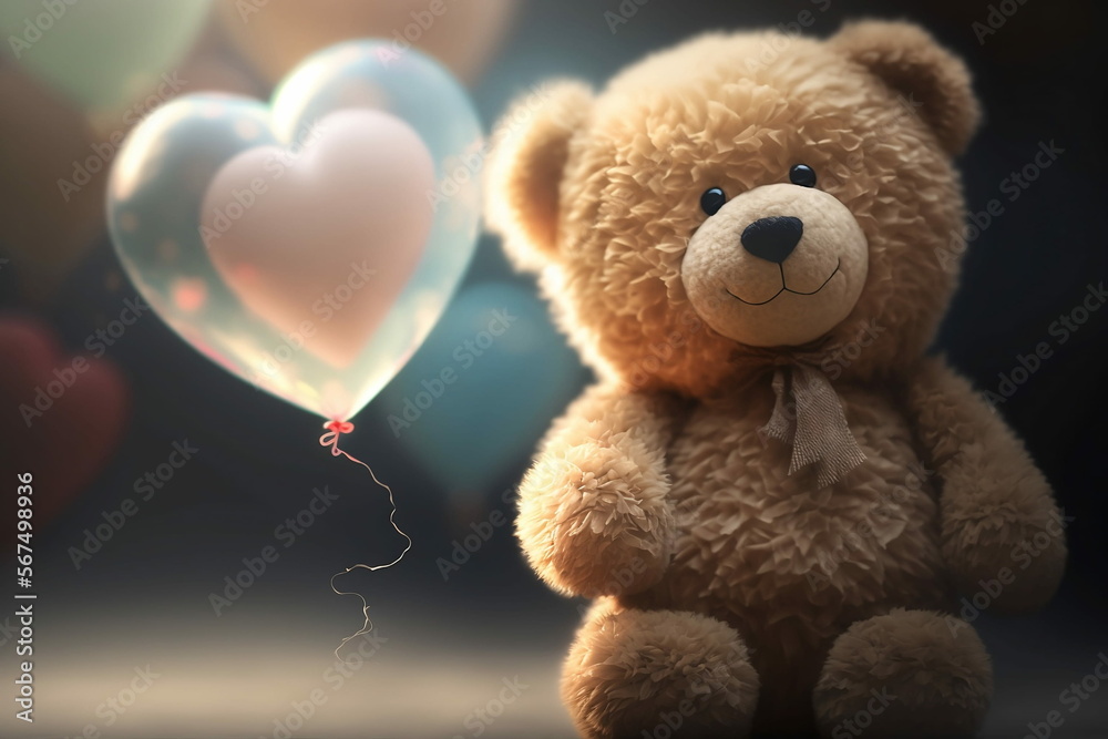 Happy teddy bear with heart shaped balloon with Generative AI technology Happy teddy bear with heart shaped balloon with Generative AI technology