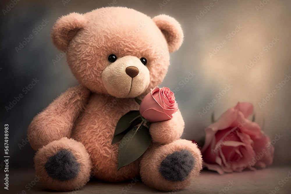 Cute teddy bear holding a rose with Generative AI technology Cute teddy bear holding a rose with Generative AI technology