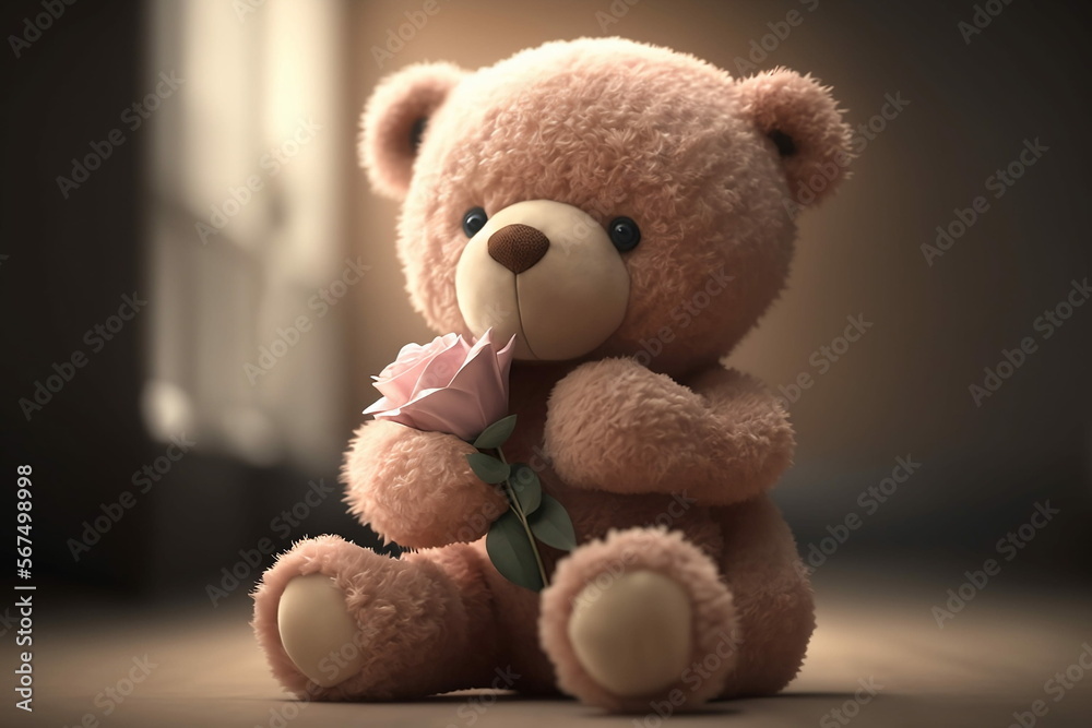 Fototapeta premium Cute teddy bear holding a rose with Generative AI technology