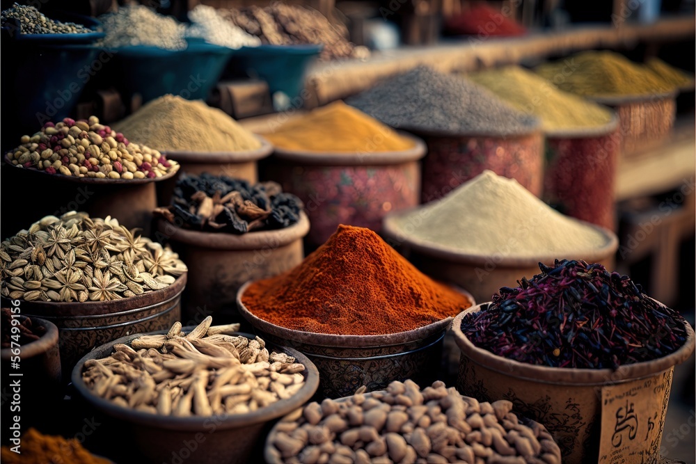  a variety of spices are in bowls on a table in a market place with a variety of different colors of spices in the bowls on the table.  generative ai