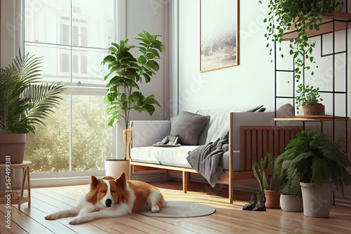Hund liegt in einem modernen Wohnzimmer auf der Couch - Generative Ai