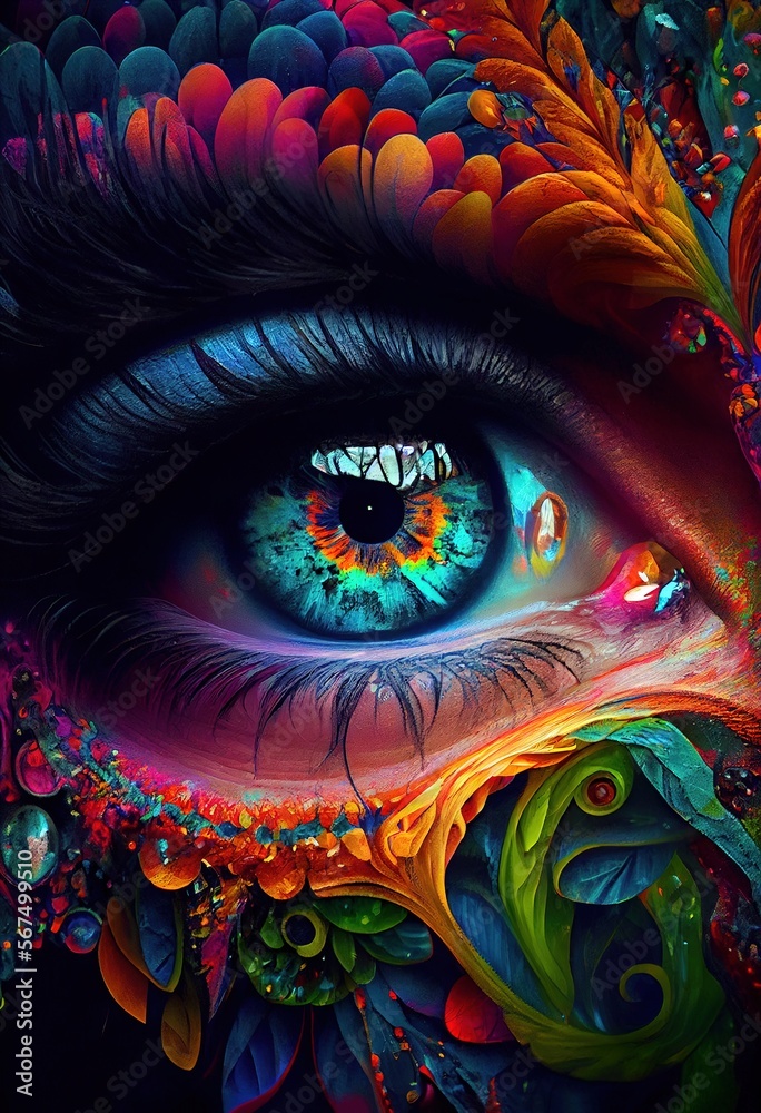 The Vibrant and Psychotropic Colors of a Psychedelic Eye's Pupil in Macro. Generative ai