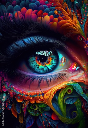 The Vibrant and Psychotropic Colors of a Psychedelic Eye s Pupil in Macro. Generative ai