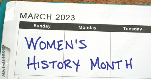 Women's History Month marked on a calendar in March 2023.        