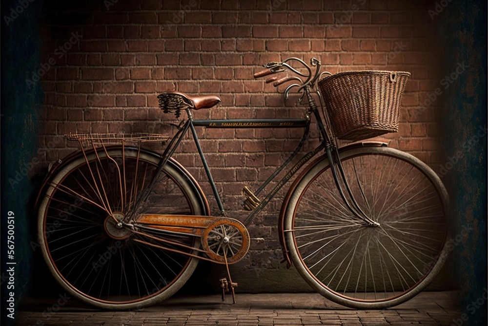  a bicycle parked against a brick wall with a basket on the front of it's front wheel and a basket on the back of the front wheel.  generative ai