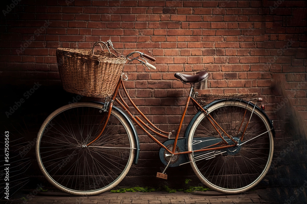  a bicycle parked next to a brick wall with a basket on the back of it's front wheel and a basket on the front of the back of the bike.  generative ai