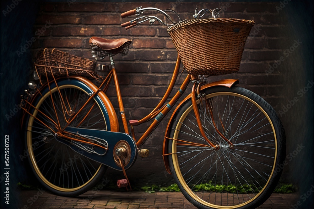  a bicycle parked next to a brick wall with a basket on the front of it's front wheel and a basket on the back of it's front.  generative ai