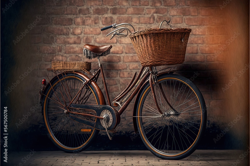  a bicycle parked next to a brick wall with a basket on the front of it and a brick wall in the back of the bike.  generative ai