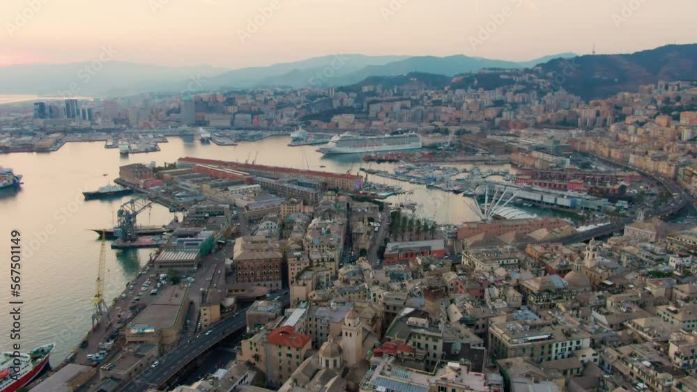 Panoramic Aerial view of Genoa Old Harbour with Aquarium, the Bigo and Biosfera. Typical Genova Landmark Skyline, Italy, Europe. Urban Travel and Architecture landscape. 4K zoom in drone shot Panoramic Aerial view of Genoa Old Harbour with Aquarium, the Bigo and Biosfera. Typical Genova Landmark Skyline, Italy, Europe. Urban Travel and Architecture landscape. 4K zoom in drone shot