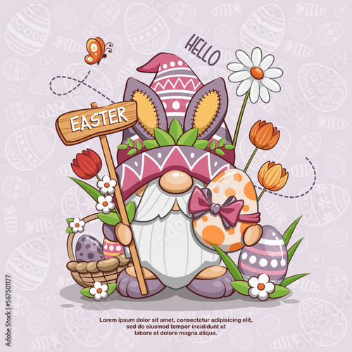 Hello Easter With Funny Gnome And Easter Egg. Cute Cartoon Illustration