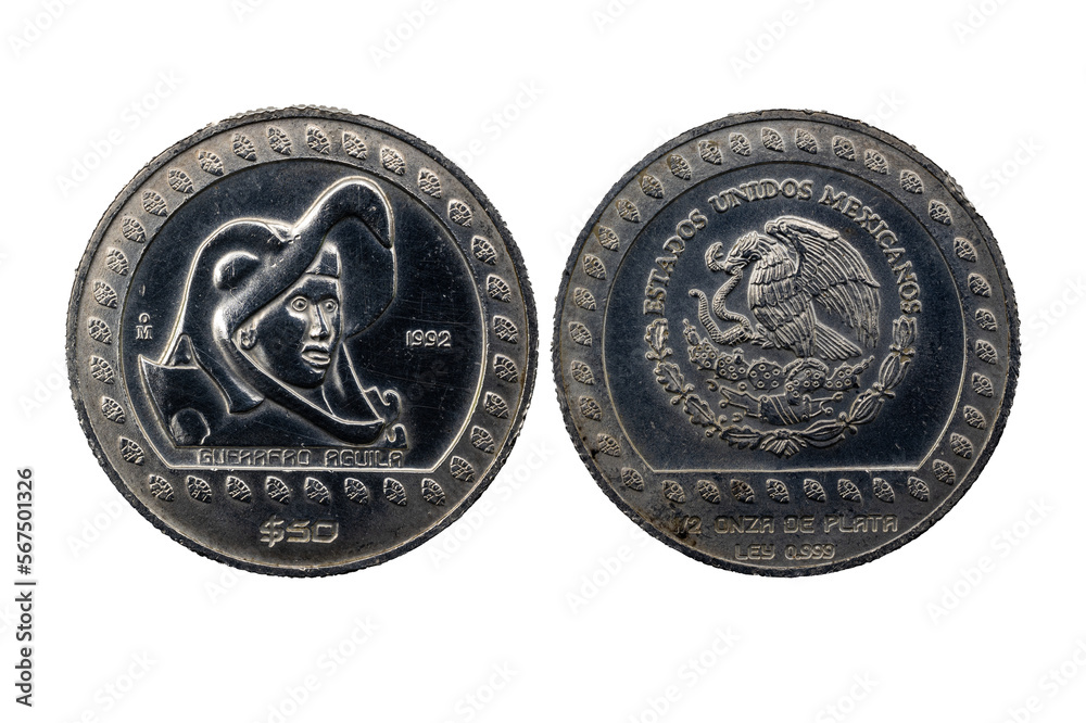 Reverso y Anverso de la moneda de 50 pesos de media onza de plata mexicana, con la imagen del Guerrero Águila y el escudo de los Estados Unidos Mexicanos. Reverso y Anverso de la moneda de 50 pesos de media onza de plata mexicana, con la imagen del Guerrero Águila y el escudo de los Estados Unidos Mexicanos.