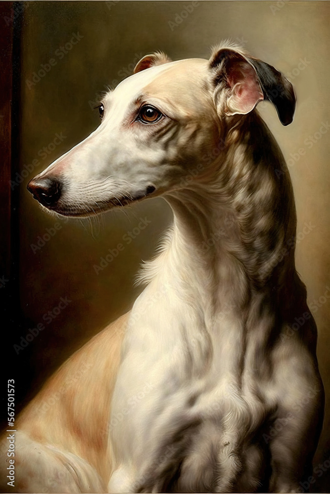 A portrait of a Whippet.  This animal is a medium-sized dog, a sighthound. The breed originated in England and is descended from the Greyhound. Created with Generative AI.
