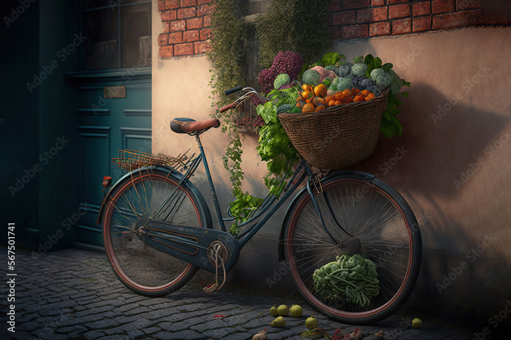  a painting of a bicycle with a basket full of vegetables on the front of it, next to a brick building with a door and window.  generative ai