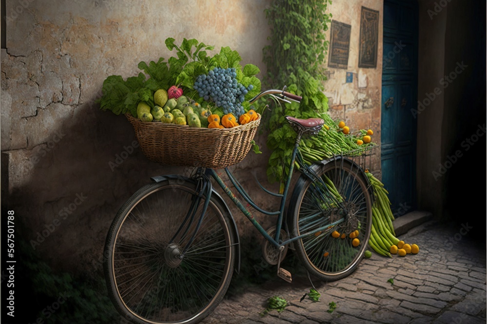  a painting of a bicycle with a basket full of fruit on the front of it, parked next to a building with a blue door.  generative ai