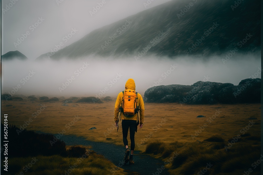 a person in a yellow jacket walking on a path with a mountain in the background and fog in the air behind them, with a foggy sky and low lying on the ground. generative ai a person in a yellow jacket walking on a path with a mountain in the background and fog in the air behind them, with a foggy sky and low lying on the ground. generative ai