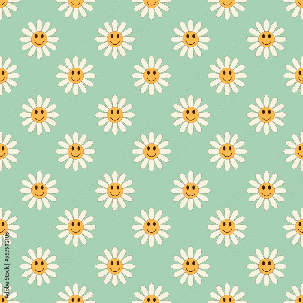 Groovy retro seamless pattern with cartoon daisy flowers . Trendy vector background in 60s, 70s style.Vector illustration